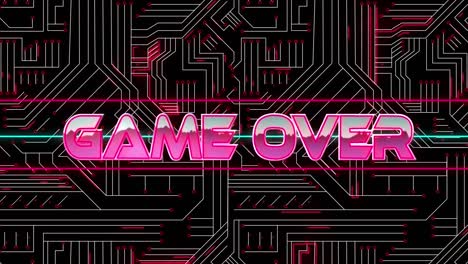 digital animation of game over text over neon banner against microprocessor connections