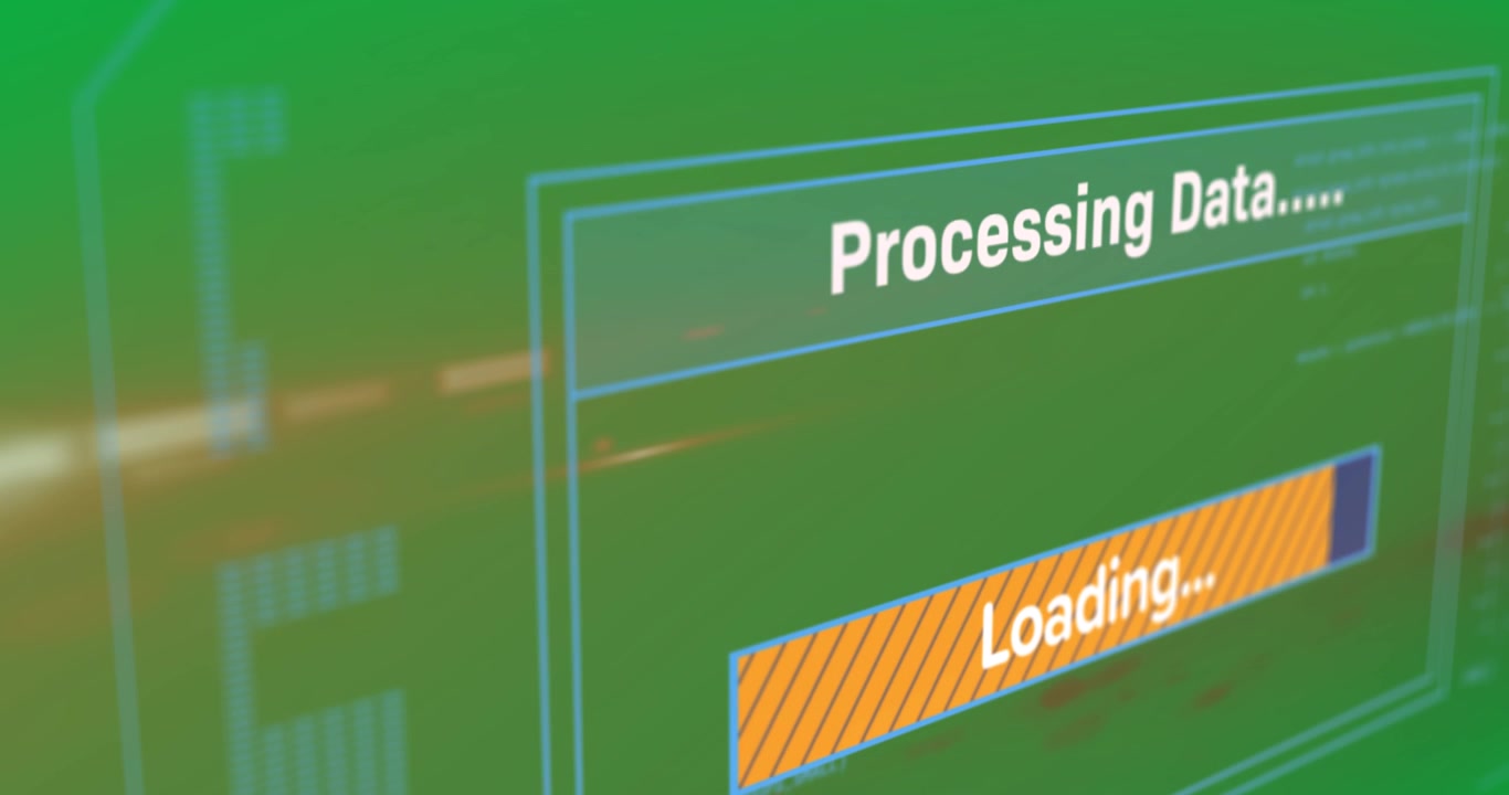 Animation of text processing data and loading, with time bar on computer interface