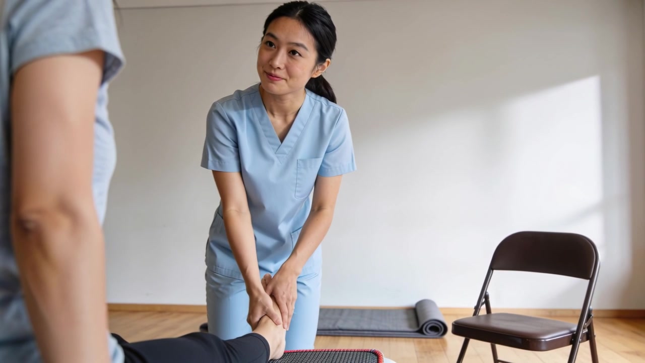 Fisioterapeuta inclinado con uniforme médico azul sosteniendo y palpando el pie del paciente en una colchoneta de terapia, escuchando