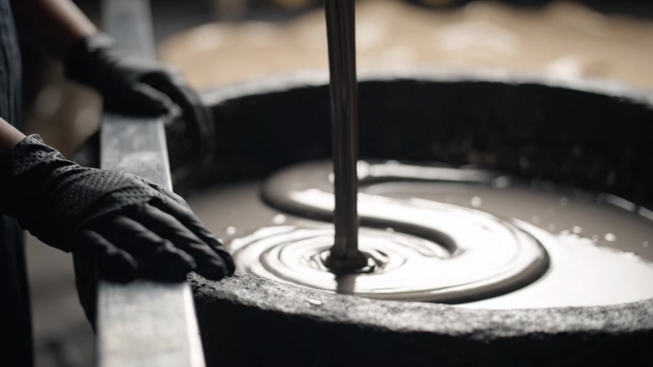 Versare materiale fluido in un contenitore circolare: Catturare l'arte di mescolare e creare texture lisce nell'artigianato e nei processi industriali.