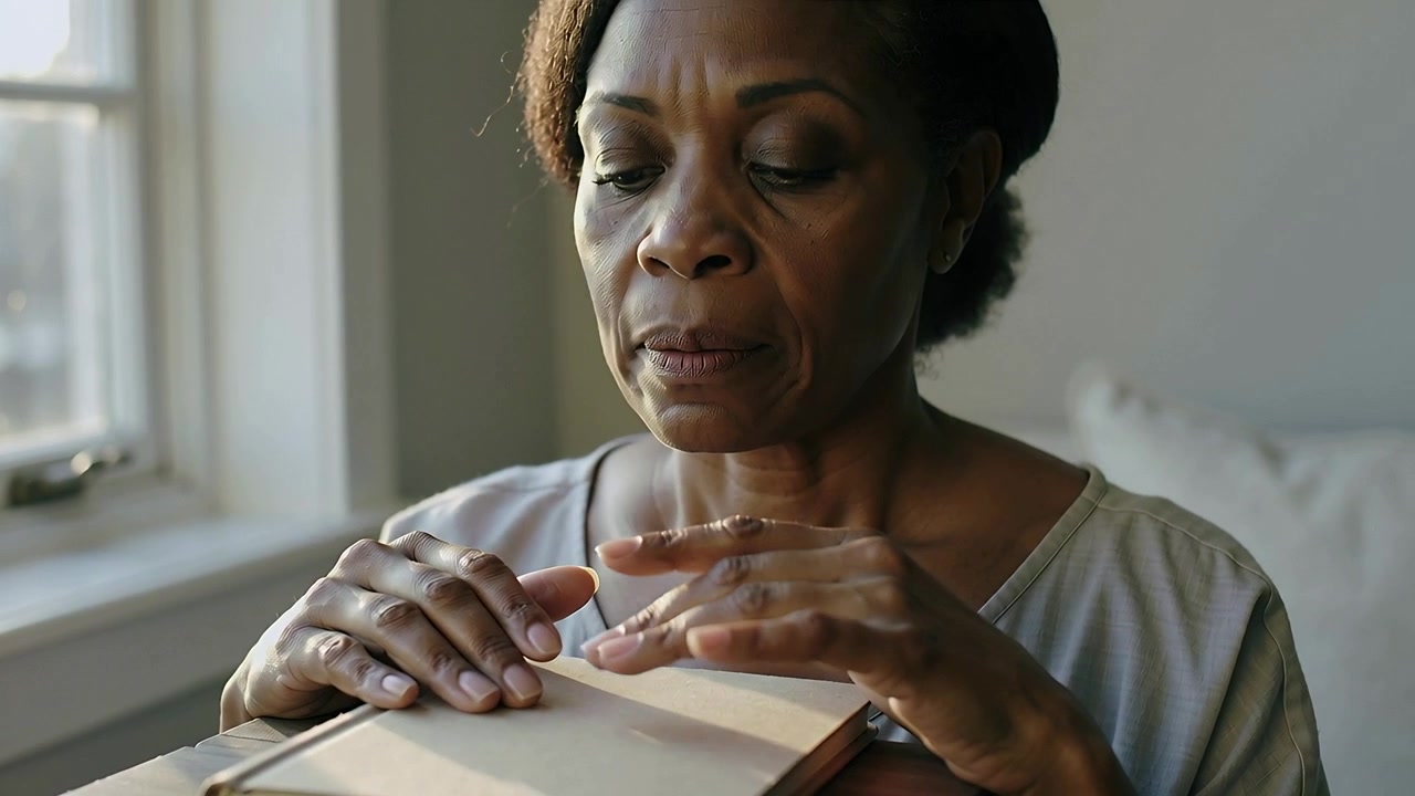 Tracing woman in gray top touching closed notebook on stool by window, sunlight