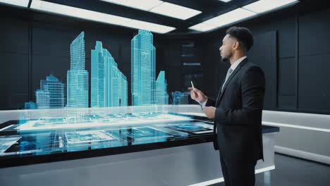 Businessman presenting a futuristic city hologram
