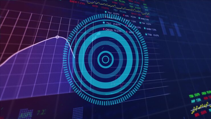 Animation of round scanner over statistical and stock market data processing on purple background