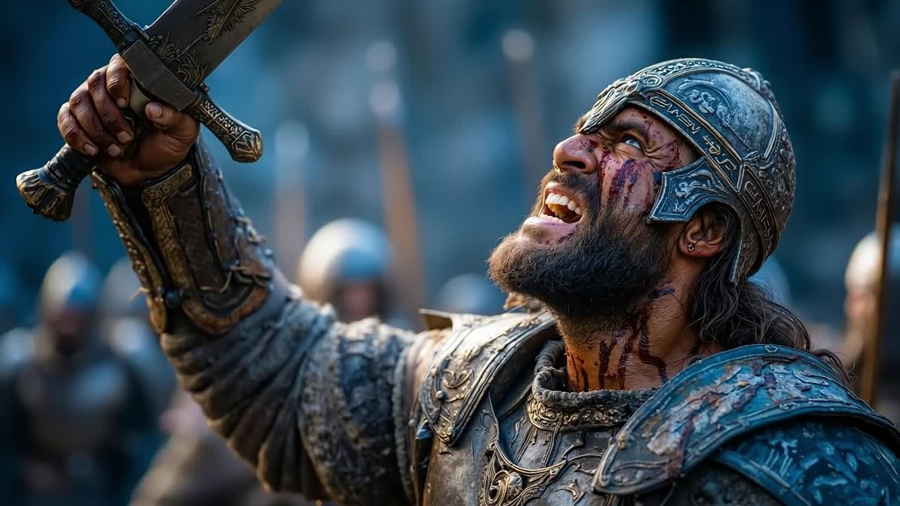 A man in armor holding a sword in front of a crowd of people