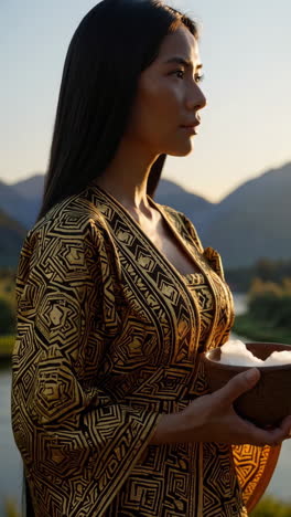 woman in traditional attire by a river