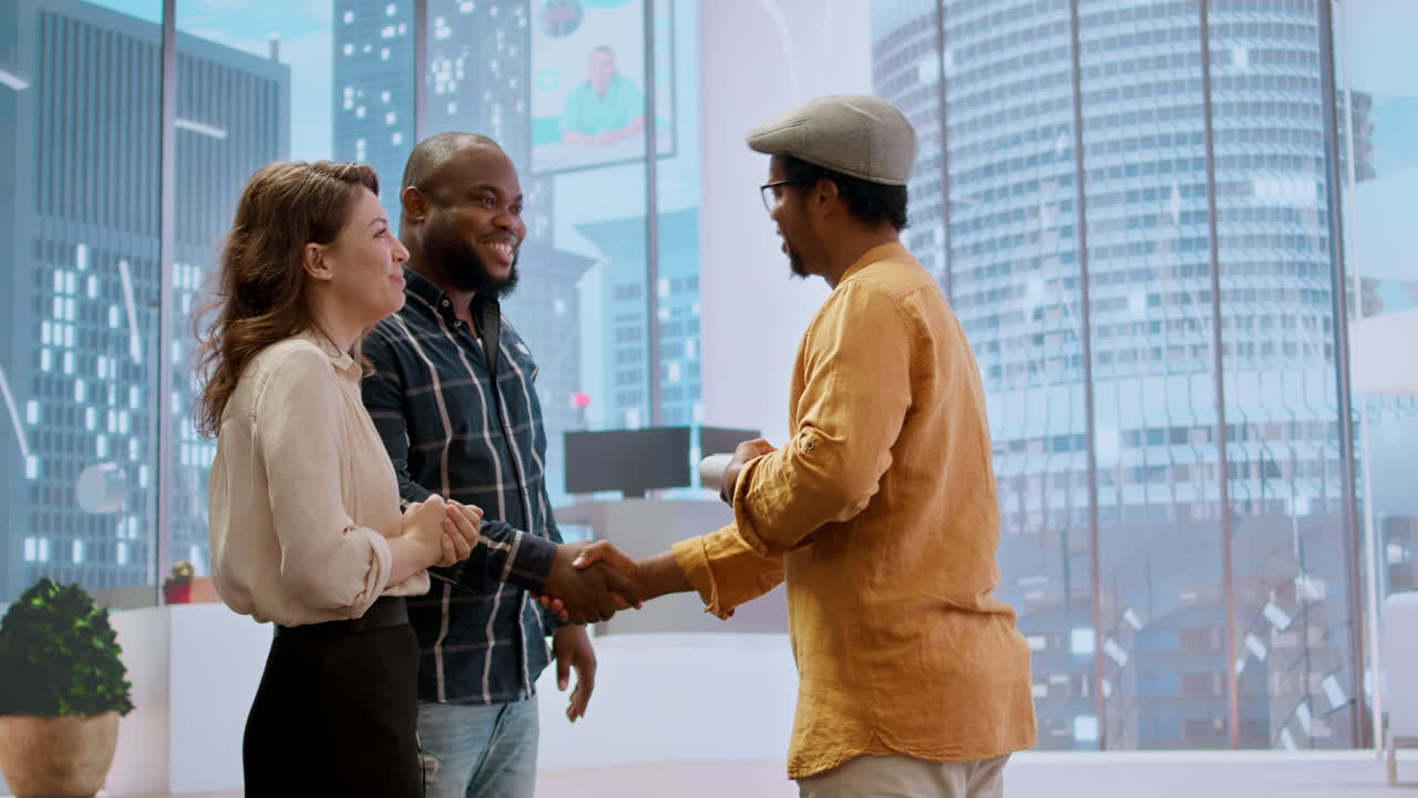 Clients and realtor on an office tour evaluating modern workspace design