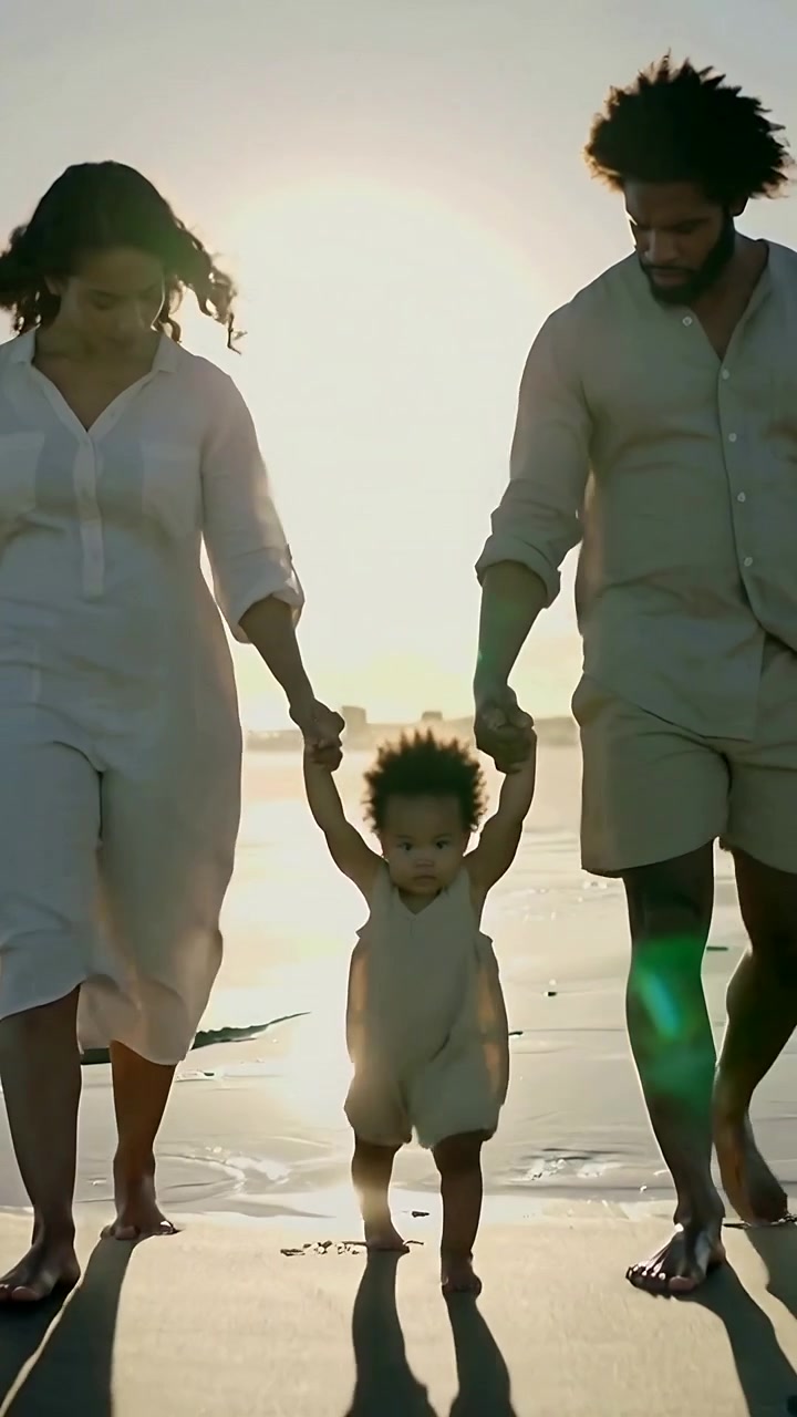Video verticale: Genitori che camminano, in abito e camicia, sollevano un bambino piccolo insegnandogli a camminare sulla sabbia bagnata.