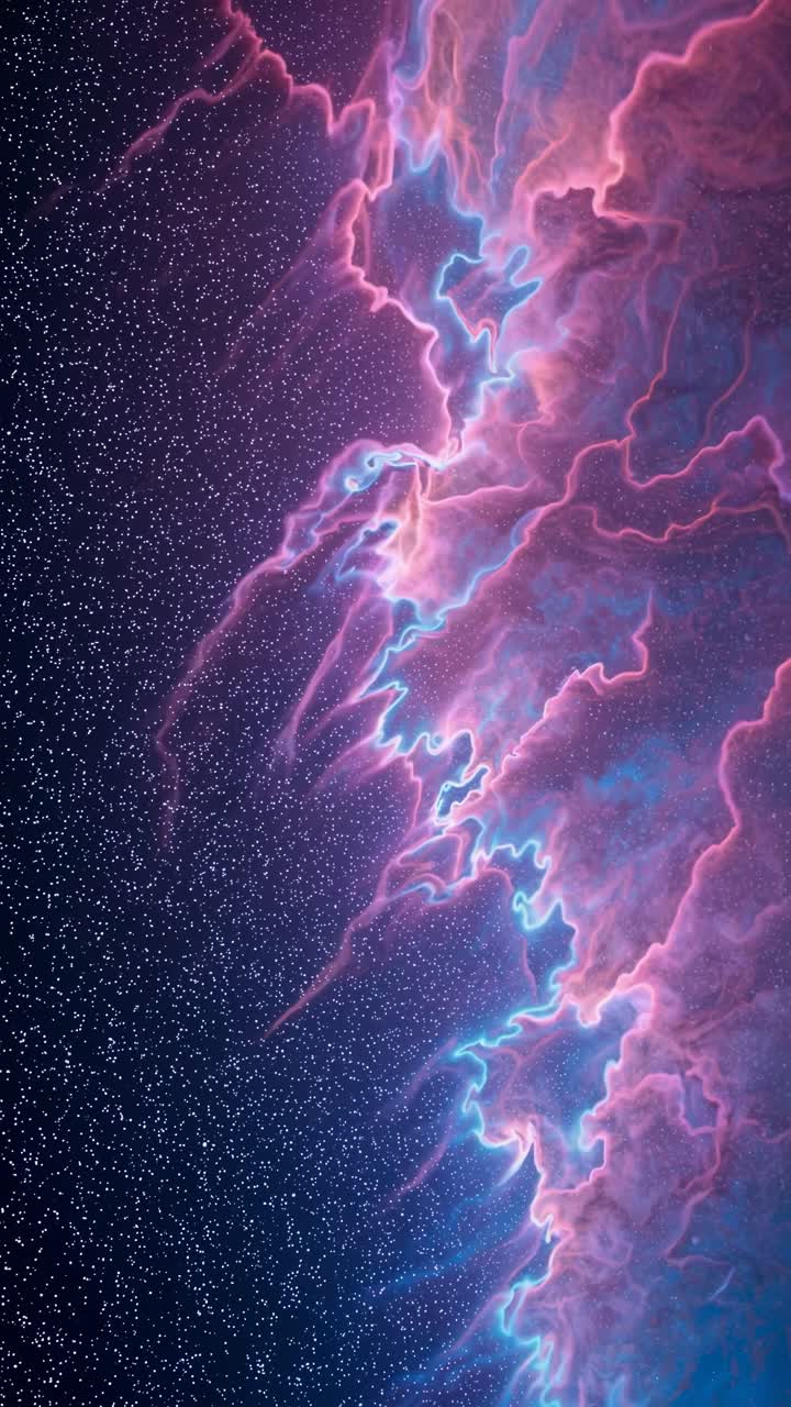 Aerial view of a vibrant, abstract cosmic scene with swirling pink and blue nebulae