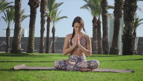 mujer atractiva sentada en una postura de loto en la hierba. entrenador practicando yoga en el parque