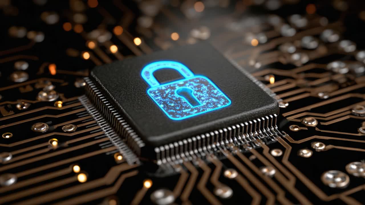 The Fusion of Security and Technology: An Impressive Close-up of a Circuit Board with a Digital Lock Emblem Signifying Data Protection and Cybersecurity Advances