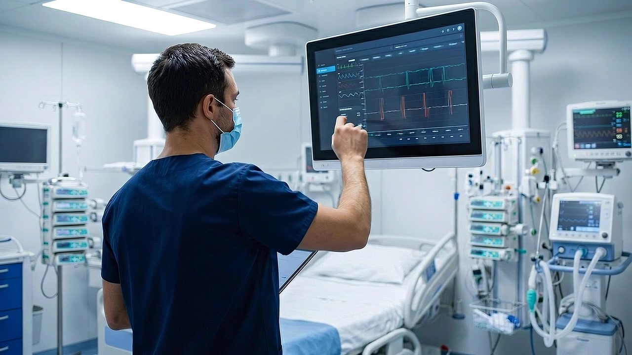 Medico che monitora i segni vitali del paziente su display digitale ospedaliero