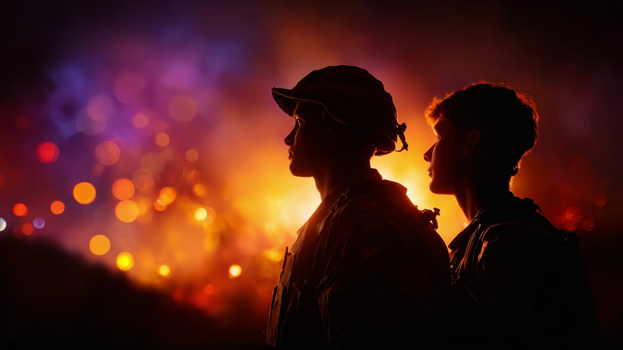 In the midst of a vibrant and chaotic backdrop, two silhouettes stand resolute, embodying strength and camaraderie amidst uncertainty, as flames flicker, illuminating the night sky with warmth and intensity