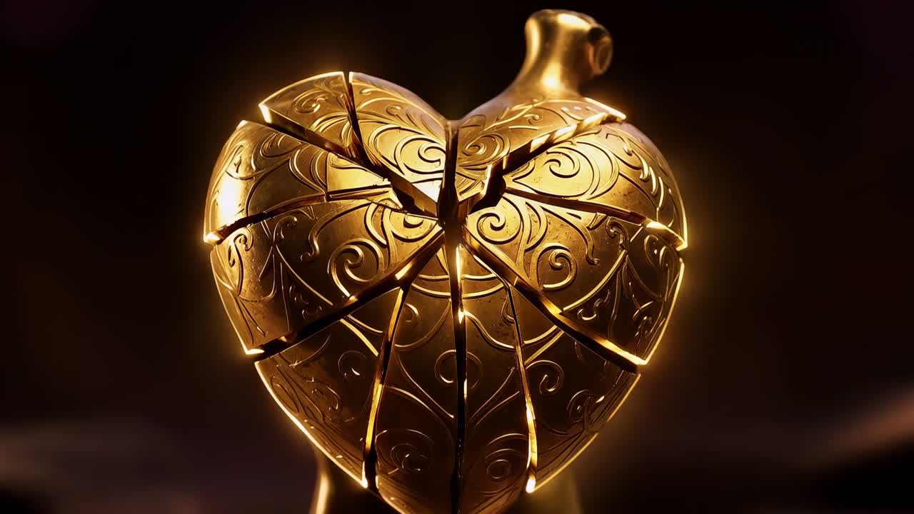 Formación de una fisura capilar, corazón de filigrana dorada que se divide en cuñas radiales sobre un pedestal, brillante