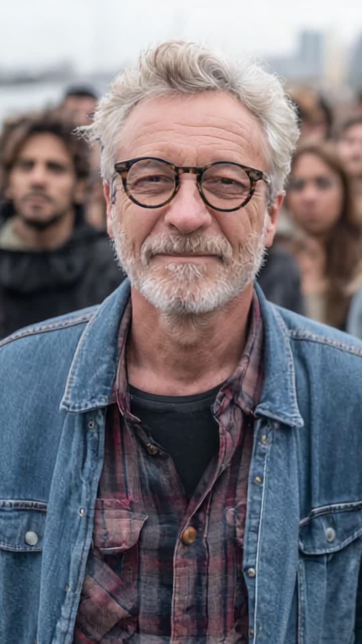 Un uomo maturo premuroso con gli occhiali sorride calorosamente alla fotocamera, circondato da un gruppo eterogeneo di persone in un ambiente urbano, catturando un momento di connessione e di community.