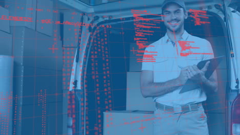 procesamiento de datos contra el repartidor caucásico con el clipboard comprobando el stock en la furgoneta
