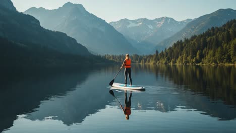 calm waterscape adventure: an enthusiastic individual paddleboarding in a serene mountain lake surrounded by majestic peaks and verdant forests with perfect reflections