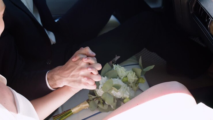Just married couple in a car