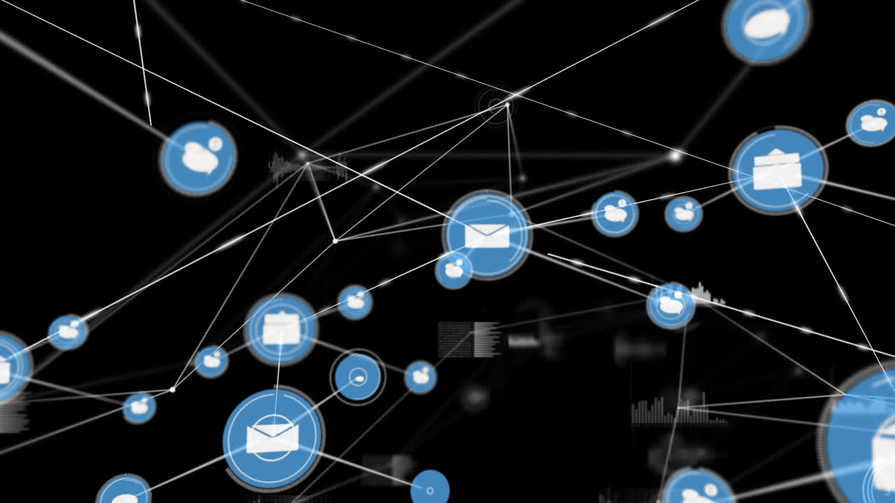 Animazione di una rete di connessioni e icone digitali su sfondo nero.