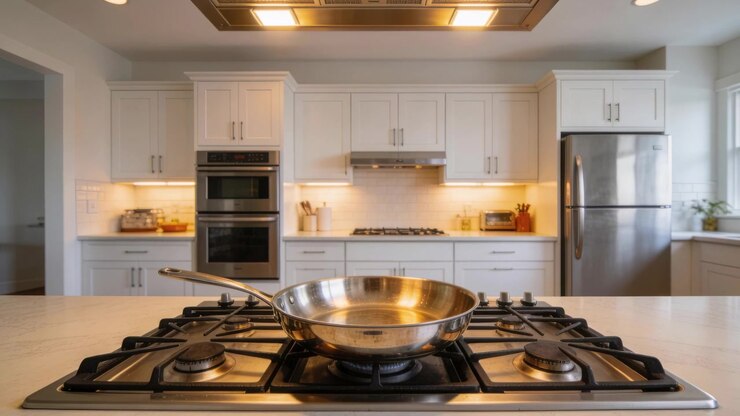 Telecamera in registrazione che mette a fuoco un bruciatore in acciaio sull'isola della cucina, con luci accese che mostrano riflessi.