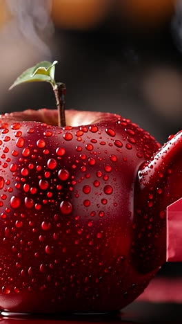 creative teapot shaped like an apple. a unique red apple-shaped teapot with steam rising, located on a stylish black background, showcasing artistic design.