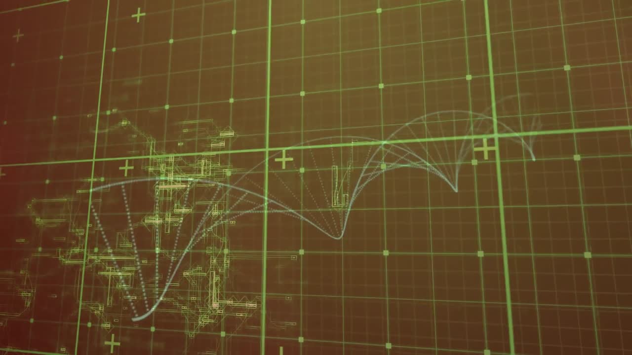 animación de la cuadrícula verde y las partículas que forman la hélice de adn sobre el procesamiento de datos, en pantalla marrón