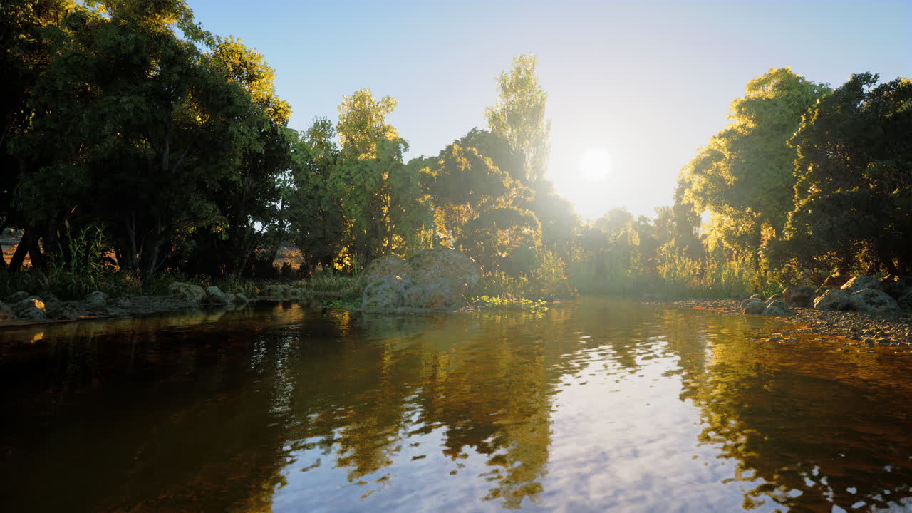 Tranquil riverbank scene at sunset with lush trees reflecting on the water