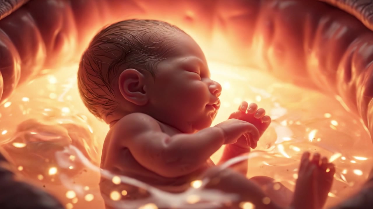 Un neonato sereno che galleggia pacificamente in un ambiente magico, circondato da luci scintillanti, a rappresentare la tranquillità e la bellezza della nuova vita