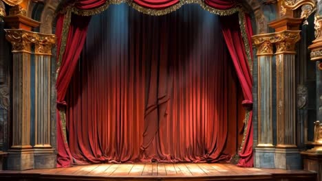 a stage with a red curtain and a wooden floor