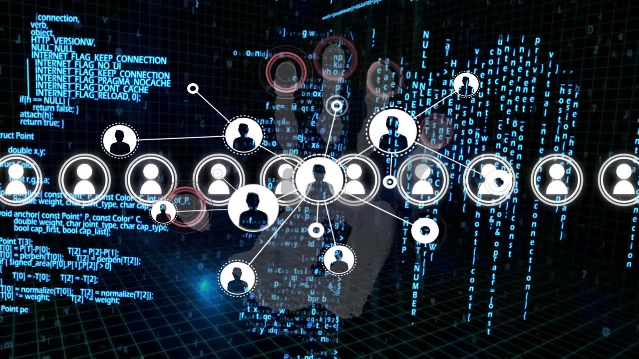 Animation of network of connections with user icons over data processing on black background