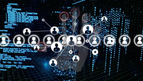 animación de la red de conexiones con iconos de usuario sobre el procesamiento de datos en fondo negro