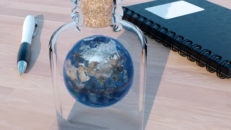 earth in a bottle with notebook and pen