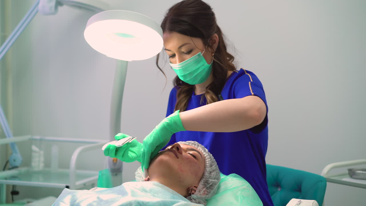un attento estetista rimuove i brufoli dal viso di una ragazza in clinica
