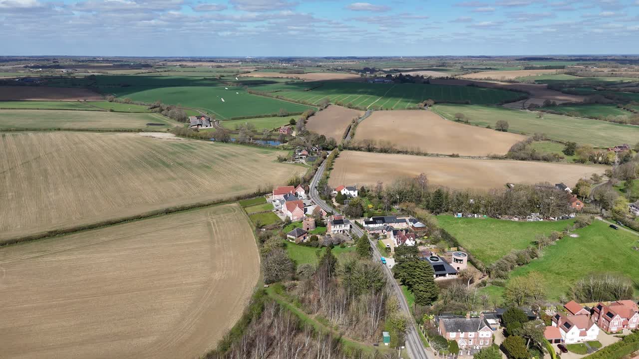 Farm fields in spring Suffolk UK Lavenham drone,aerial