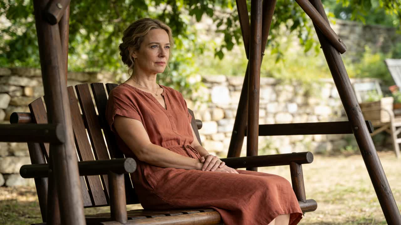 Una donna con un vestito color ruggine, che getta uno sguardo e cambia postura su un'altalena di legno in un cortile ombreggiato, diventando più attenta.
