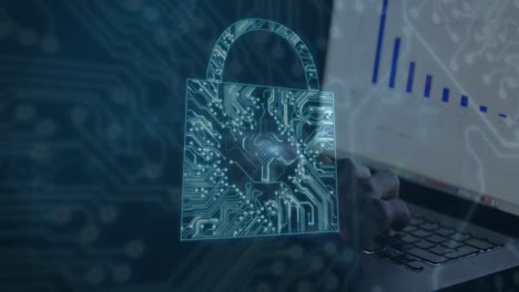 animation of microprocessor connections, security padlock over mid section of man using laptop