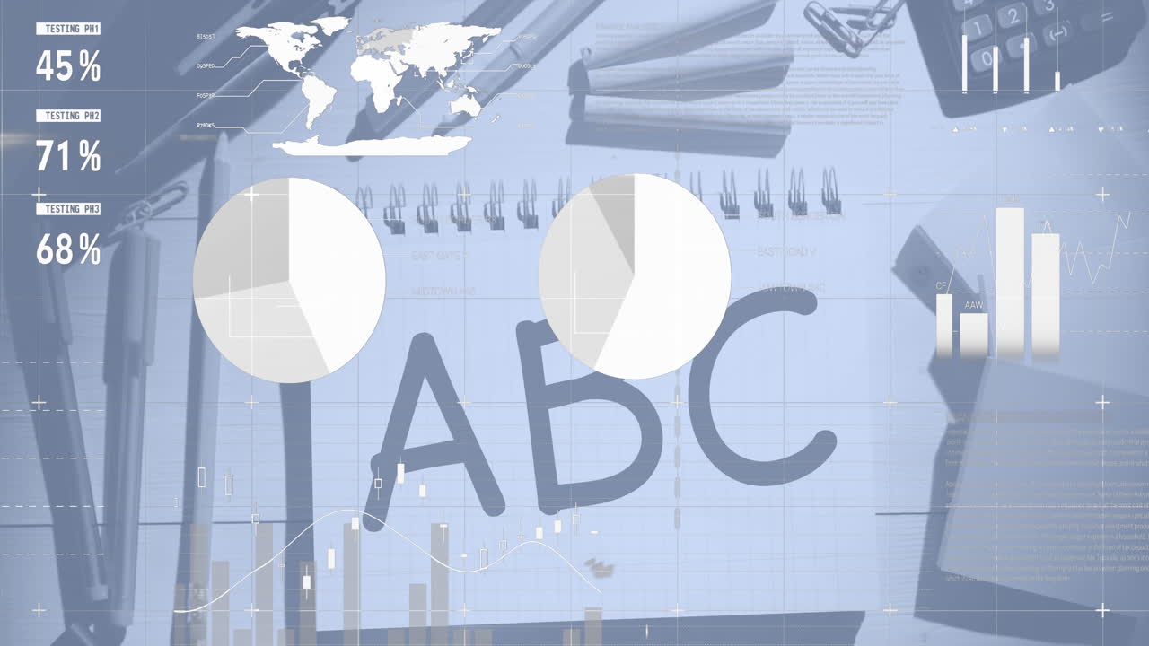 Animation of data processing over letters and school items