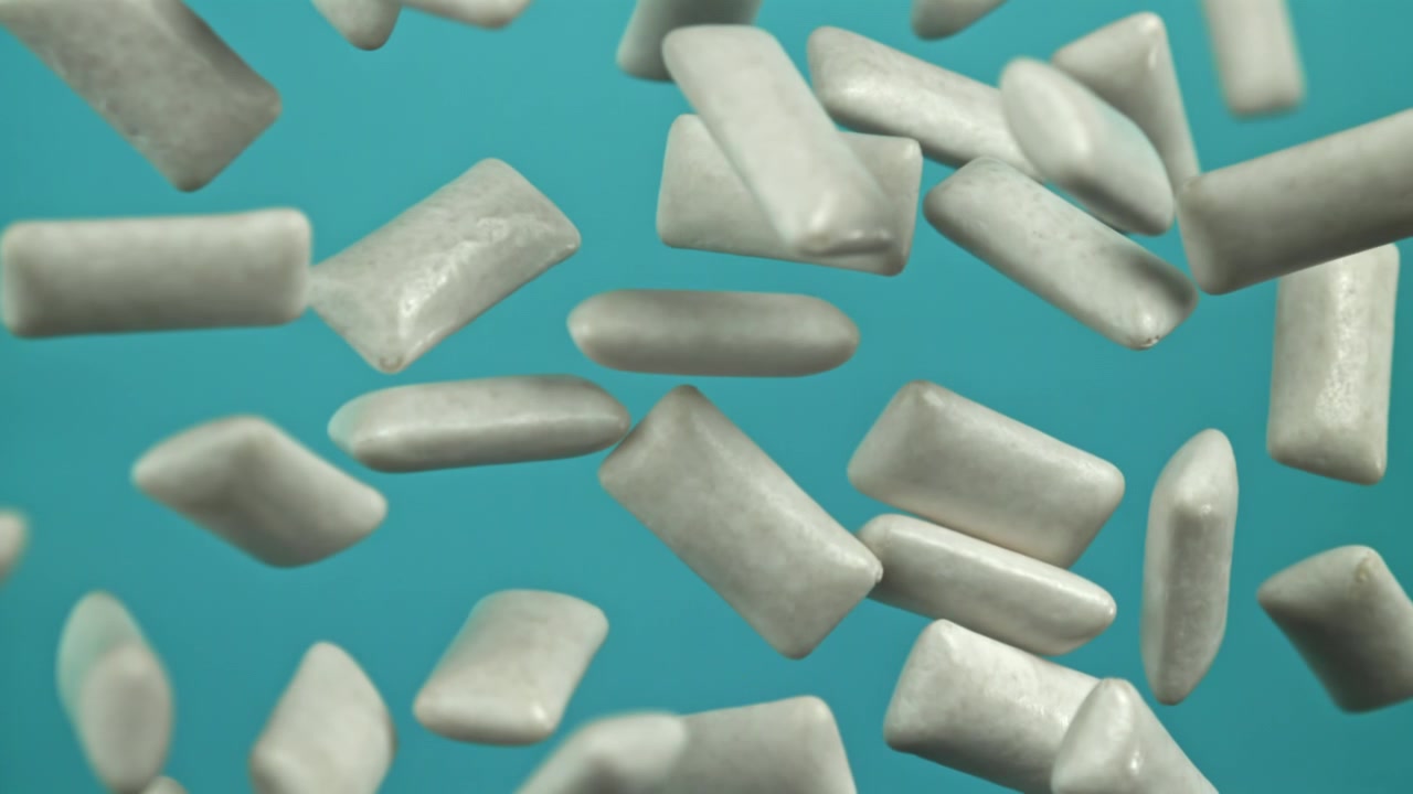 Pedaços de Chiclete Branco Flutuando em um Fundo Azul