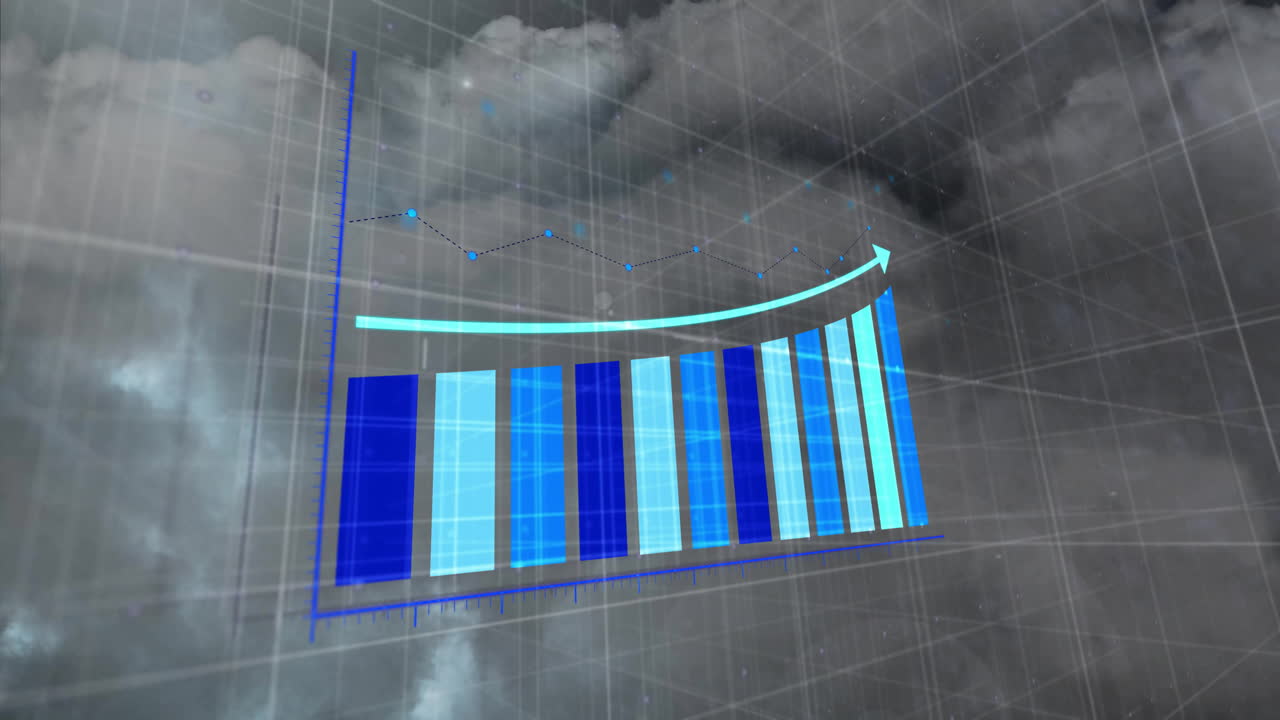 animación de diagramas azules y flecha sobre la tormenta