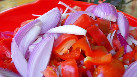 sliced onions and paprika in a red bowl