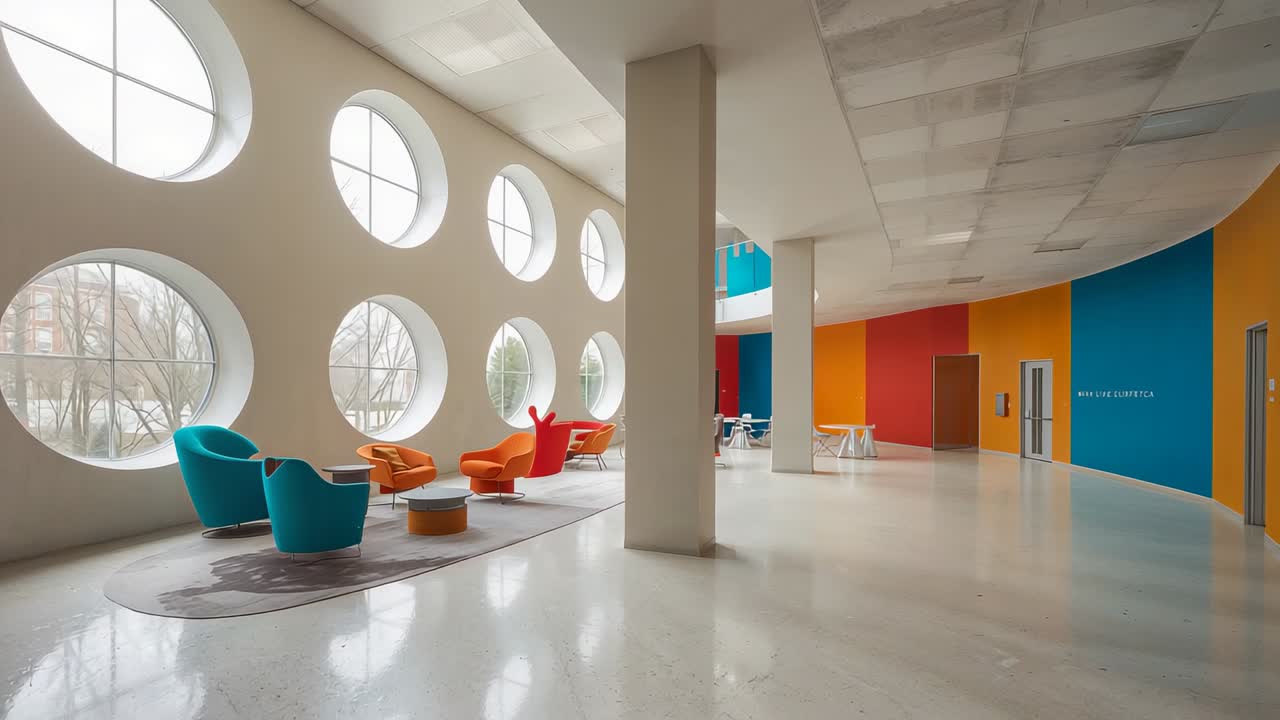 Panning camera through modern lounge corridor after opening shot, highlighting colorful chairs