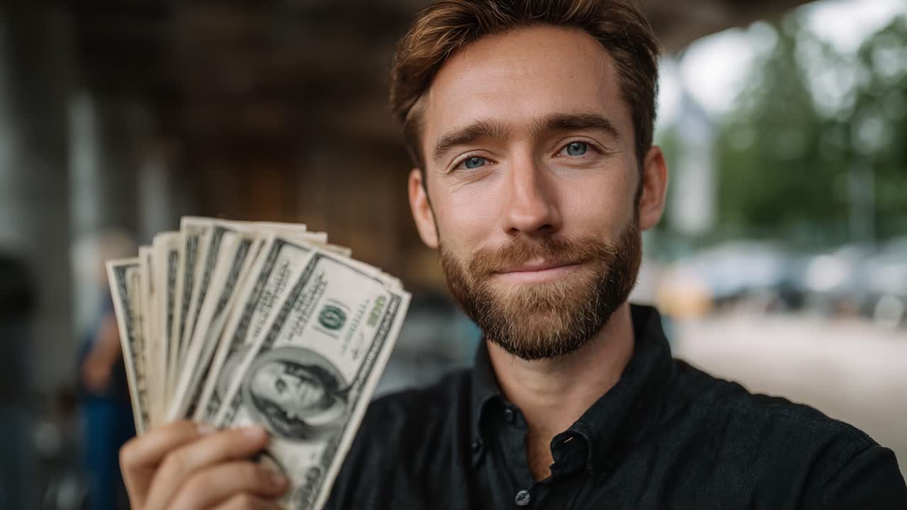Un uomo sicuro di sé mostra una manciata di contanti sorridendo, incarnando il successo e la prosperità in un ambiente esterno, con uno sfondo vivace di attività sfocata