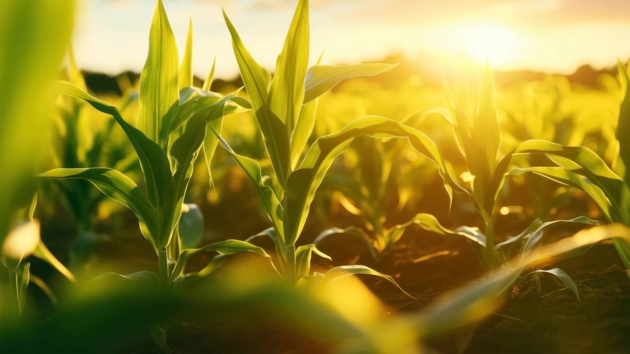Young Corn Plants Growing in a Field at Sunset