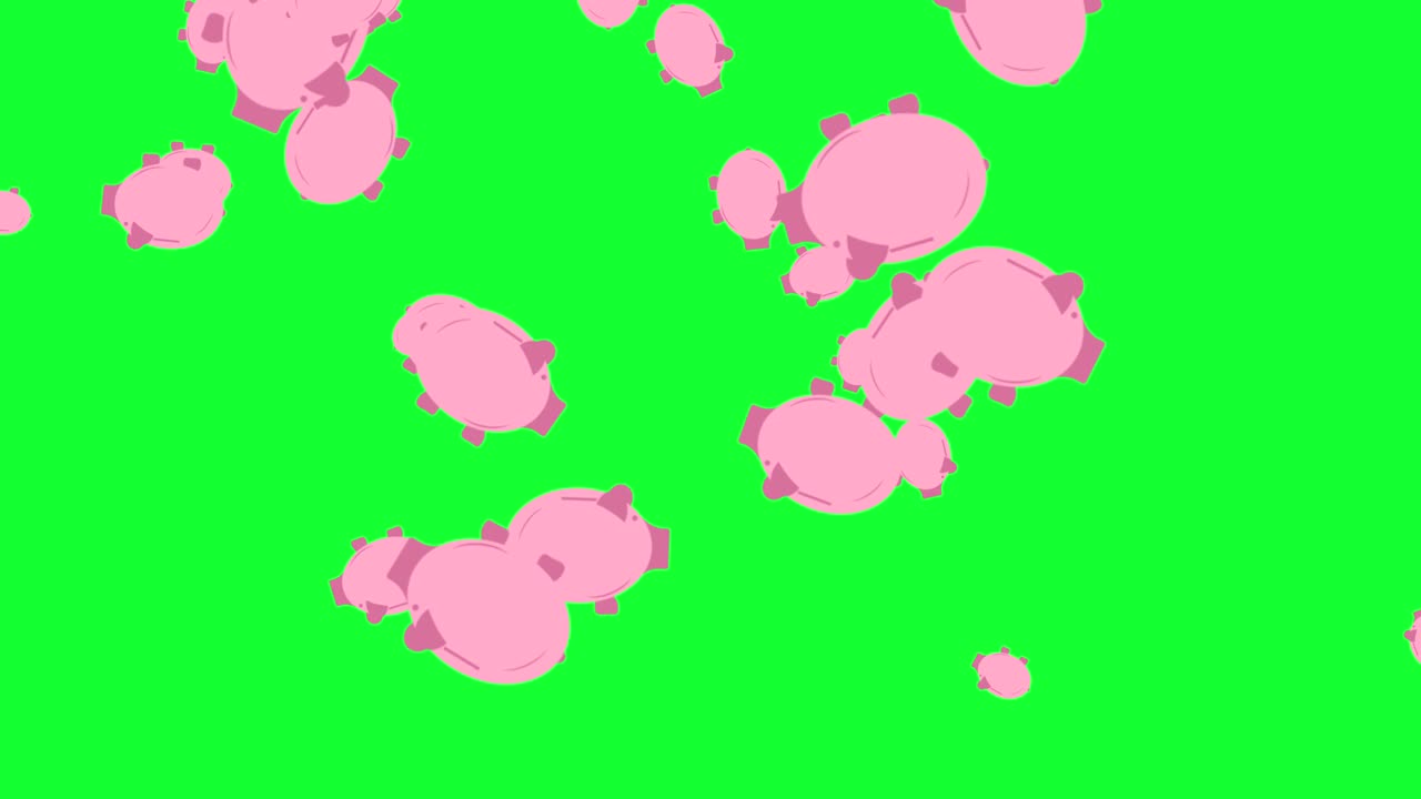 돼지 은행 그룹 요소가 떨어지는 애니메이션 녹색 화면 크로마 키, 원활한 루프