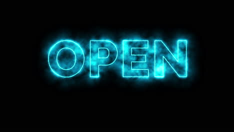 neon type text sign on a dark background with a strong vibrant glow in blue, pink and green colours revealing and writing out the word "open