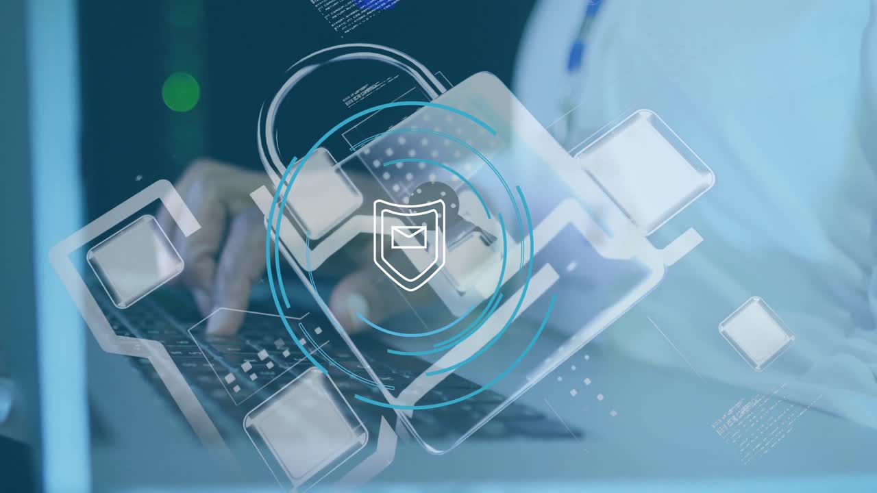 Animation of data processing over hands using laptop in server room