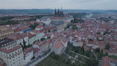 aerial drone shot prague castle mala strana czech republic cloudy sunset