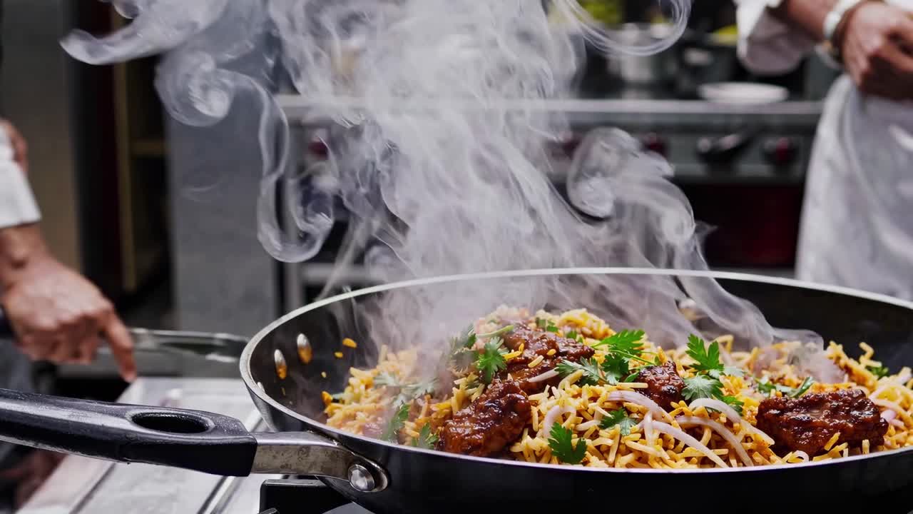 Video ravvicinato di un soffritto fumante in padella, che mostra verdure ed erbe aromatiche vivaci