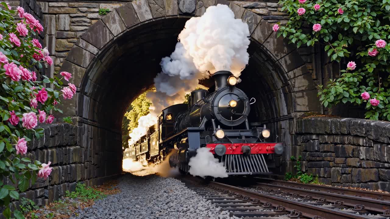 Un tren de vapor vintage emerge de un túnel de piedra, capturado desde un ángulo bajo, evocando un clásico.