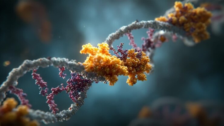 Intricate Molecular Structure Illustrating DNA and Proteins in a Scientific Visualization of Genetic Material and Biological Mechanisms