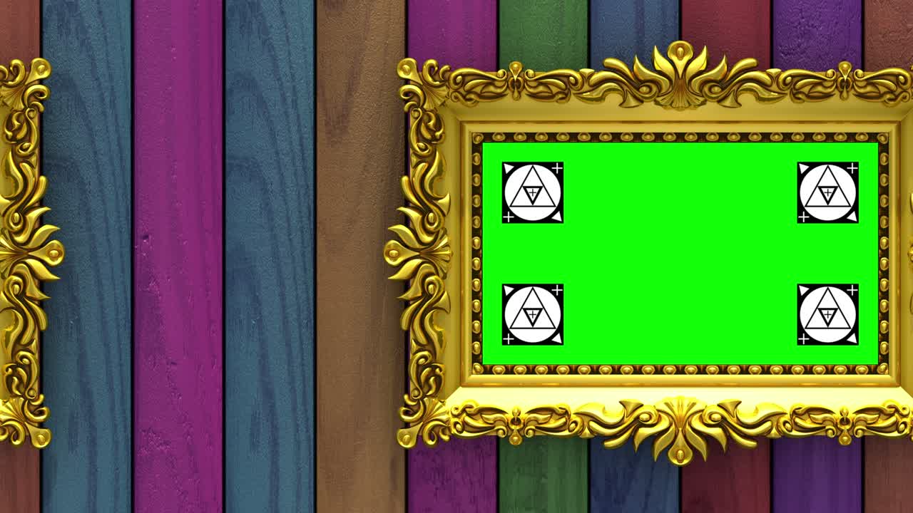 Camera moves along gold picture frames on varicolored wood background. Seamless looped 3d animation. Motion tracking markers and green screen included.